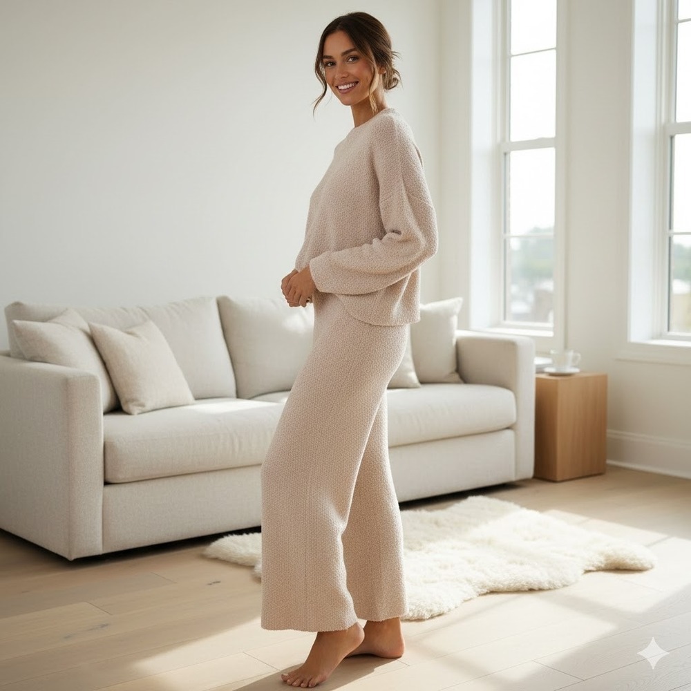 SKIMS Cozy Knit Wide Leg Lounge Pants Beige L XL Fuzzy Cozy Comfortable Winter